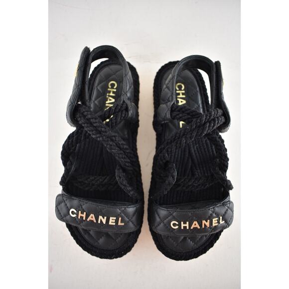 Chanel REV Black Gold Cord Rope CC Quilted Mule Ankle Strap Dad Sandal Flat 36 - Picture 10 of 14